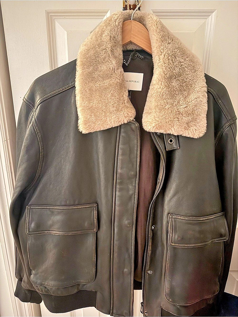 Banana Republic Leather Sherpa Bomber Jacket in Black & Brown